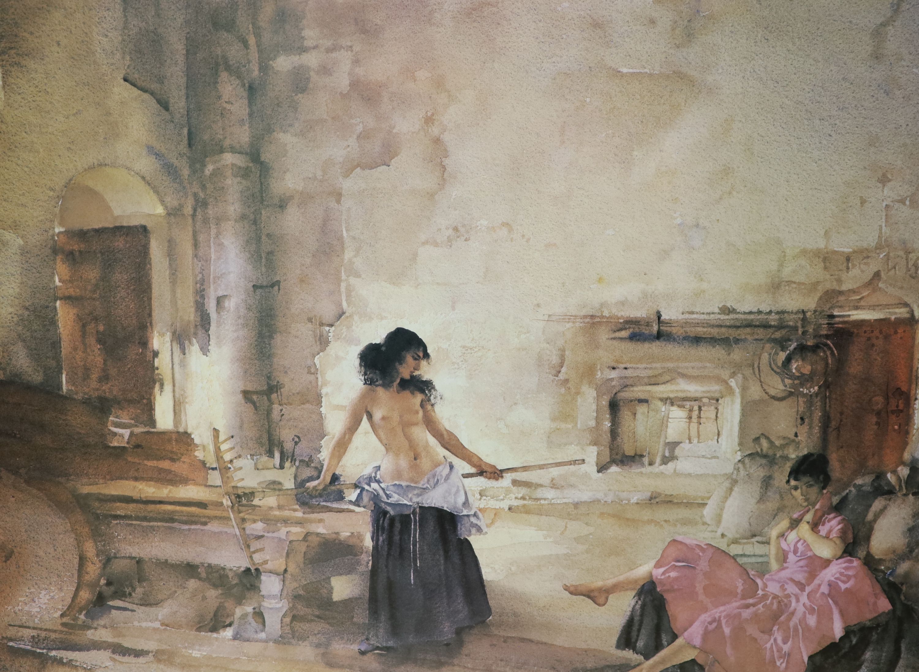Sir William Russell Flint, limited edition print, Interior with models, 363/850, 52 x 68cm, two other Flint prints and an etching by Samuel Chamberlain
